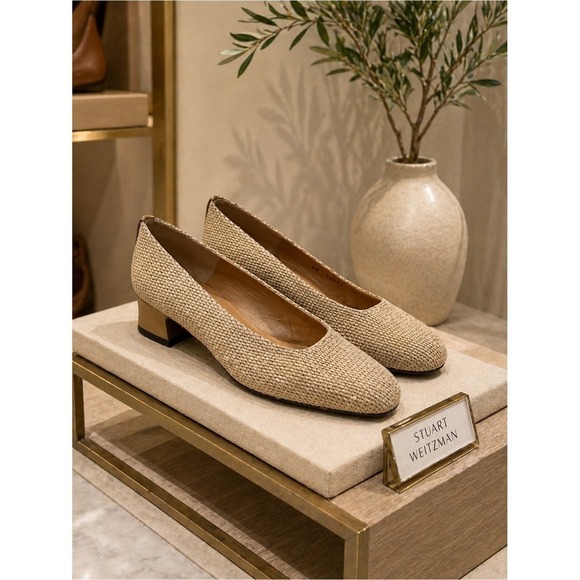 Stuart Weitzman Shoes - Stuart Weitzman Beige Gold Woven Raffia Style Block Heel Pumps Size 7.5B